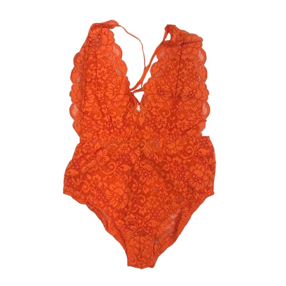 FREE PEOPLE x HAH Lace Bodysuit Sz XS Burn Orange Feminine Party Resort Boho NWT